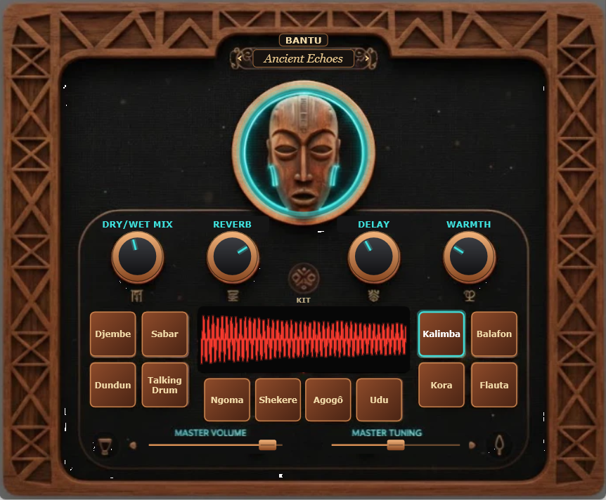 O plugin Bantu aberto: moldura de madeira entalhada, máscara africana com anel turquesa, quatro botões giratórios, onda sonora vermelha e os pads dos doze instrumentos, com a Kalimba selecionada.